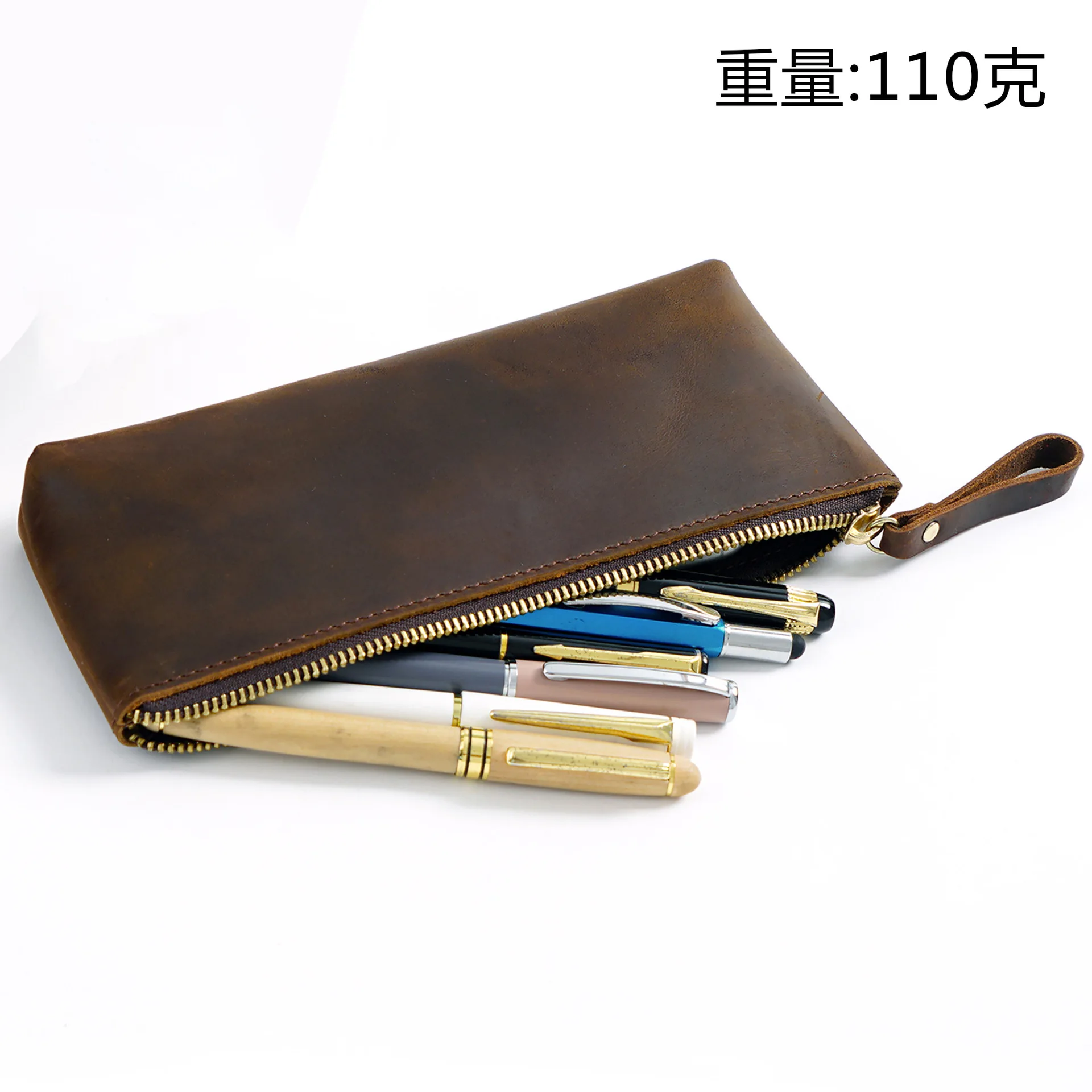 Imagem -05 - Grande Capacidade Crazy Horse Leather Pen Case Unisex Zippered Pencil Pouch Handmade Cow Leather Bolsa para Estudante