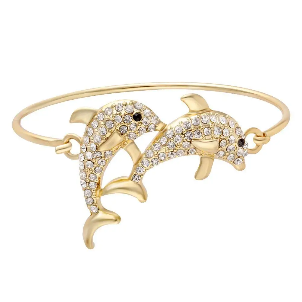 

Delicate Crysral Double Jumping Playful Dolphin Fish Openable Hook Bnagle Bracelet for Women (gold)
