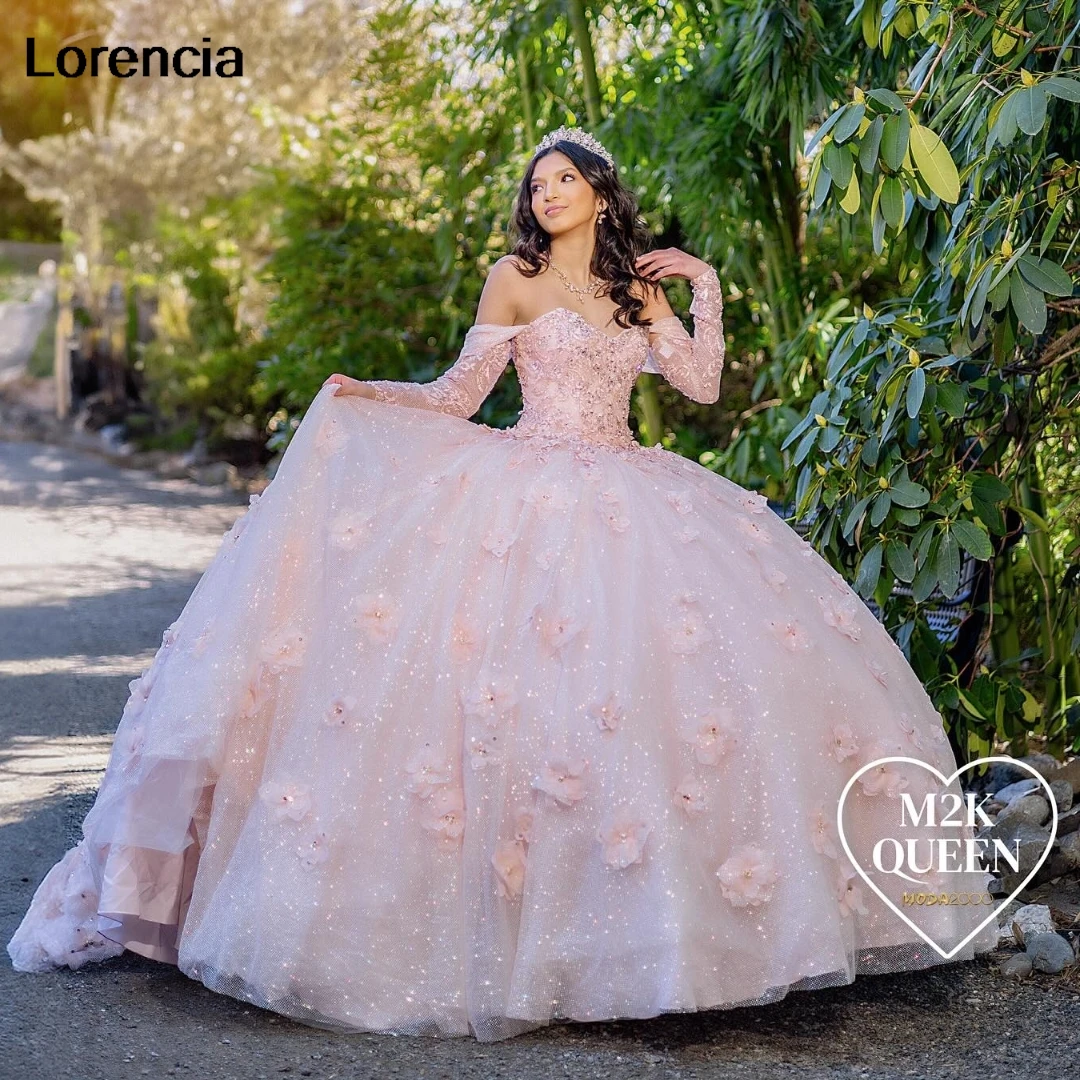 Robe De Quinceanera rose personnalisée à manches longues, robe De bal en dentelle avec des appliques De perles, douce mexicaine, 16 robes De 15 ans, YQD876