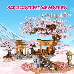 Japan Sakura Street View Building Block Japanese Cherry Scenery Senbon Torii Model City Streetscape Brick Toys With Led Light