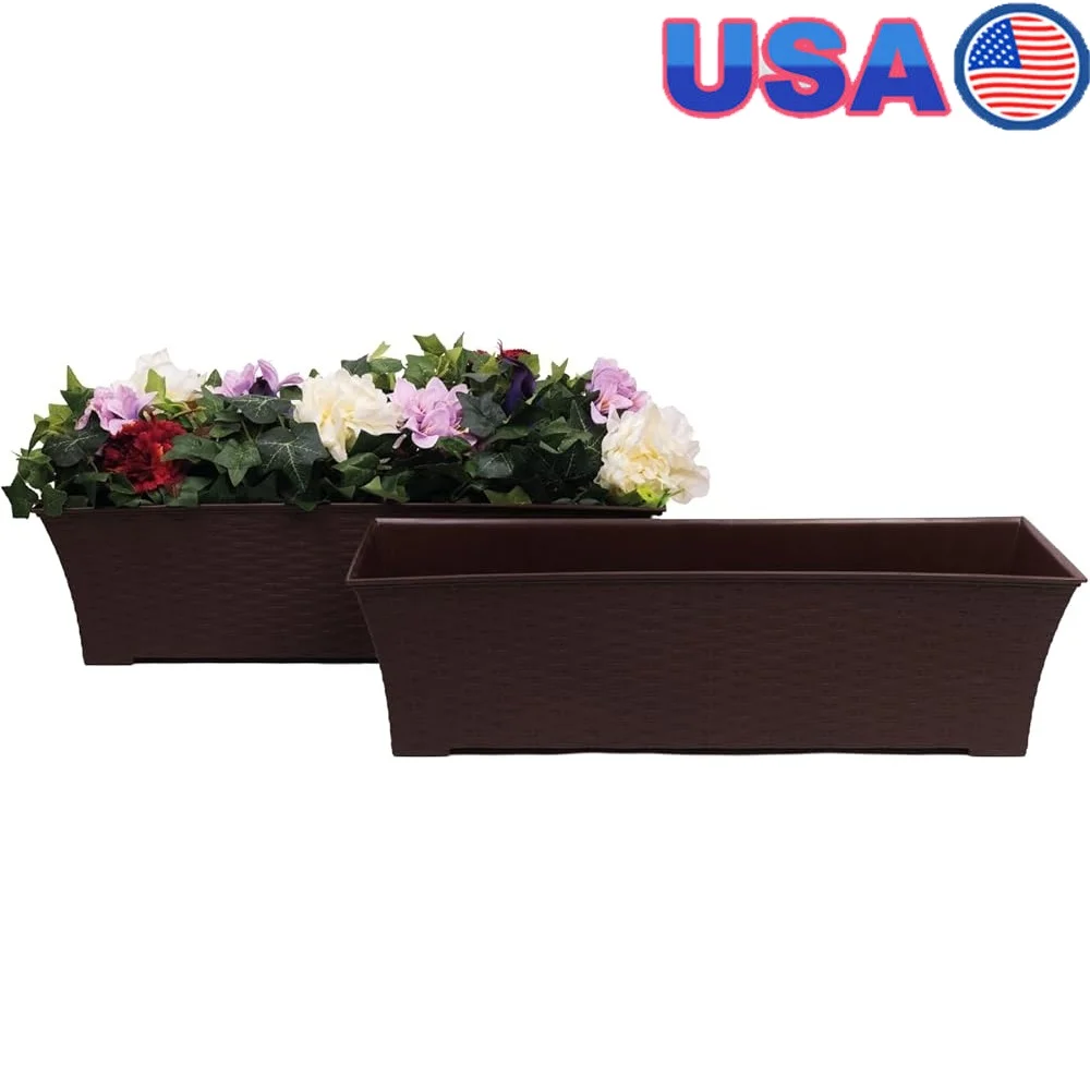 

Set of 2 Lightweight Self Watering Planters Durable Rectangular Rattan-Like Finish Indoor Outdoor Garden Decor 18x8