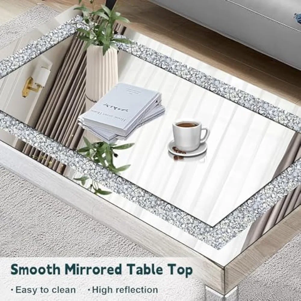 Coffee Table with Crystal Inlay, Rectangle Glass Tea Table with Mirrored Finish, Modern Center Table for Living Room