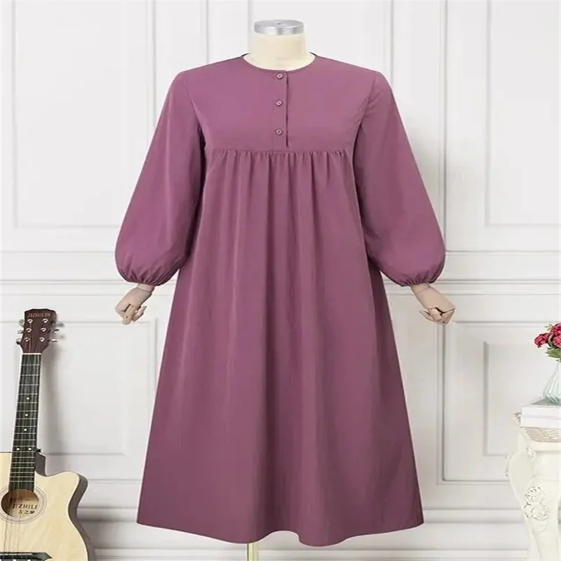 New Ramadan Islamic Arab Muslim Women's Robe Spring and Autumn Luxury Fashion Casual Bubble Sleeve Simple Solid Color Dress