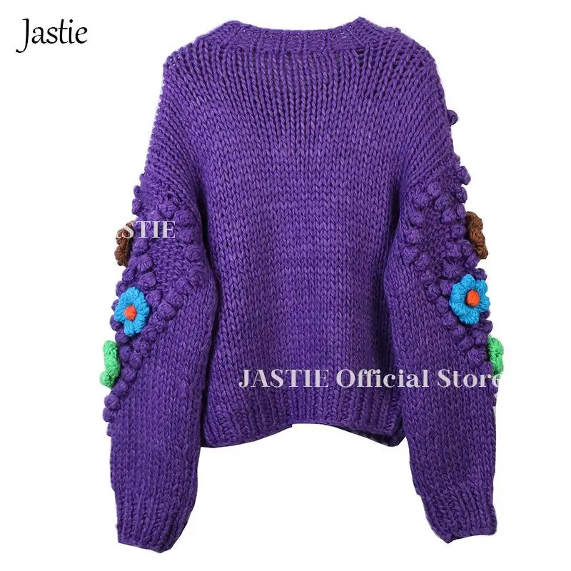 Jastie 2023 Autumn And Winter New Women's Clothing Colorful Flowers  Round Neck Long-sleeve Purple Knit Sweater Cardigan Jumpers