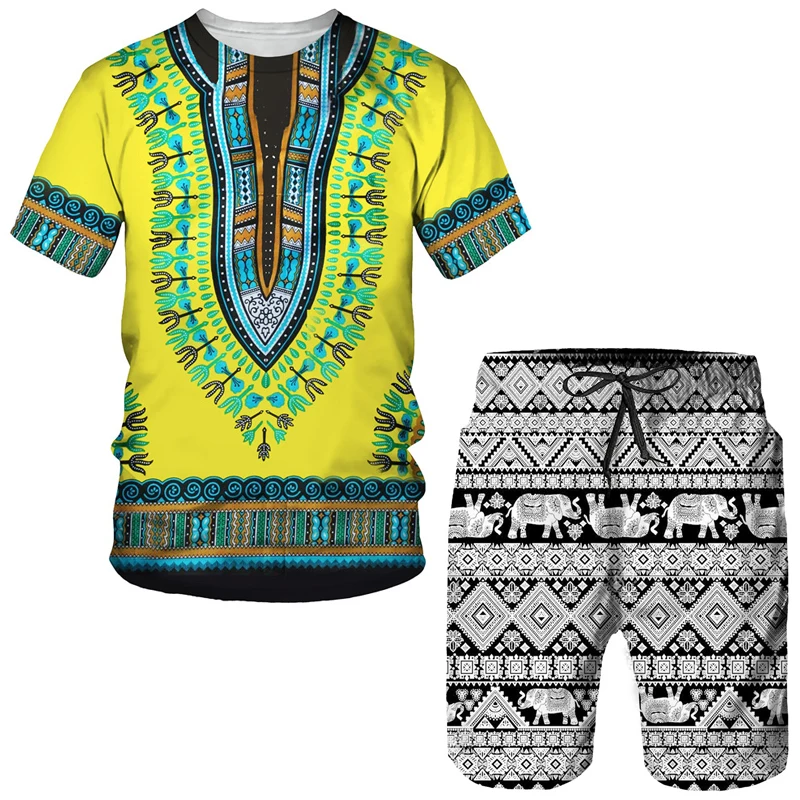 Men\'s African 3D Print Set Summer Casual Dashiki Suits Outfits Vintage Style T Shirts +Shorts Traditional Wear Male Tracksuit