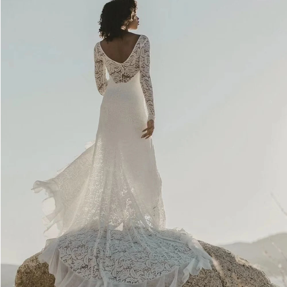 Robes De mariée blanches sirène en dentelle, Sexy, manches longues, dos Illusin, longueur au sol, robe fendue sur le côté