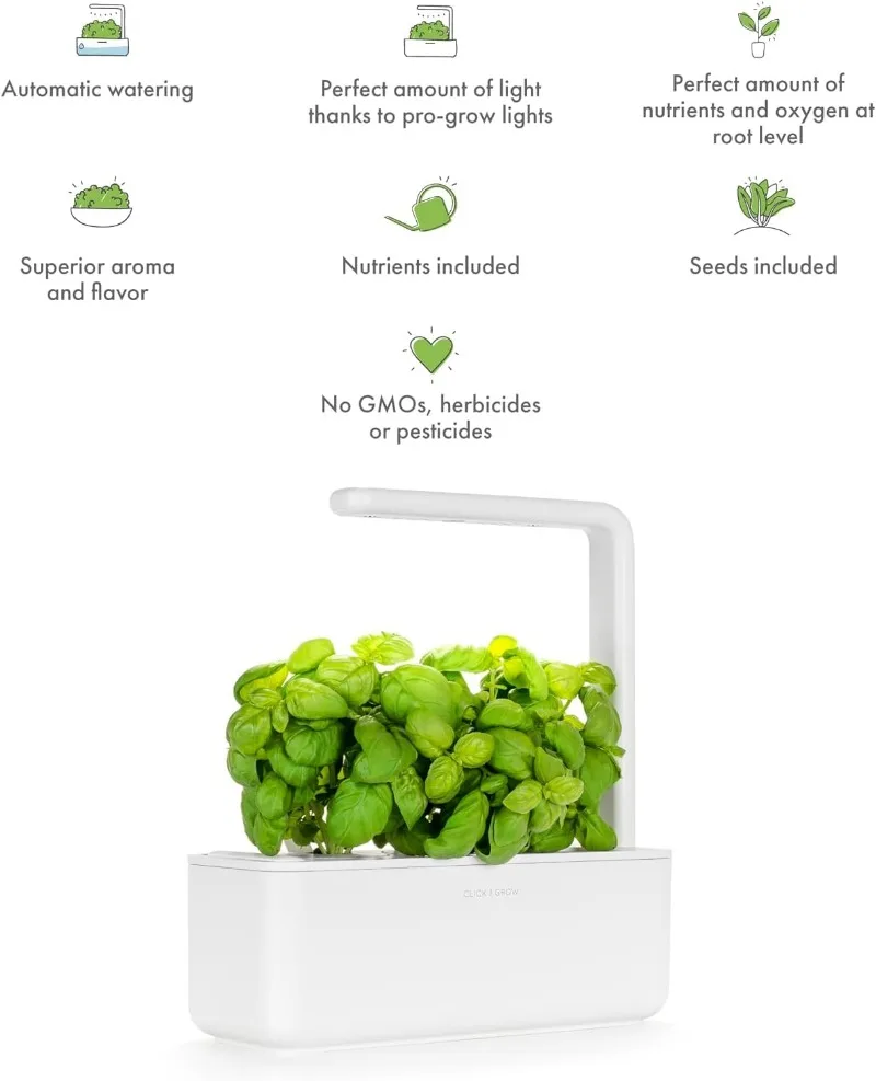 Click & Grow Indoor Herb Garden Kit with Grow Light | Vegetable Gardening Starter (3 Basil Pods Included), White