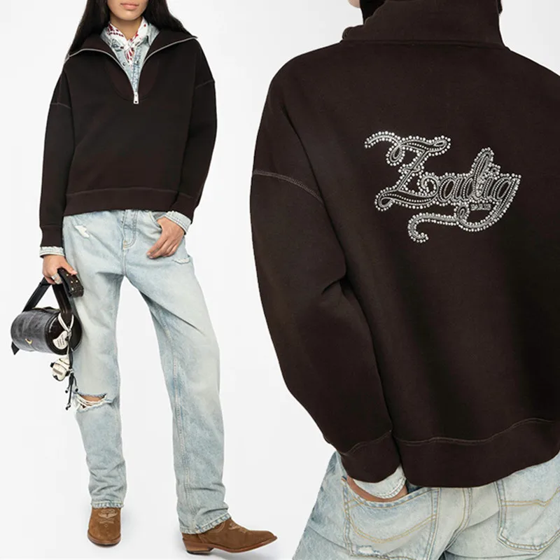 خريف شتاء المرأة بلوزة من الصوف عودة إلكتروني التطريز الساخن حجر الراين نصف سستة سيدة بدوره إلى أسفل طوق أعلى جديد 2025