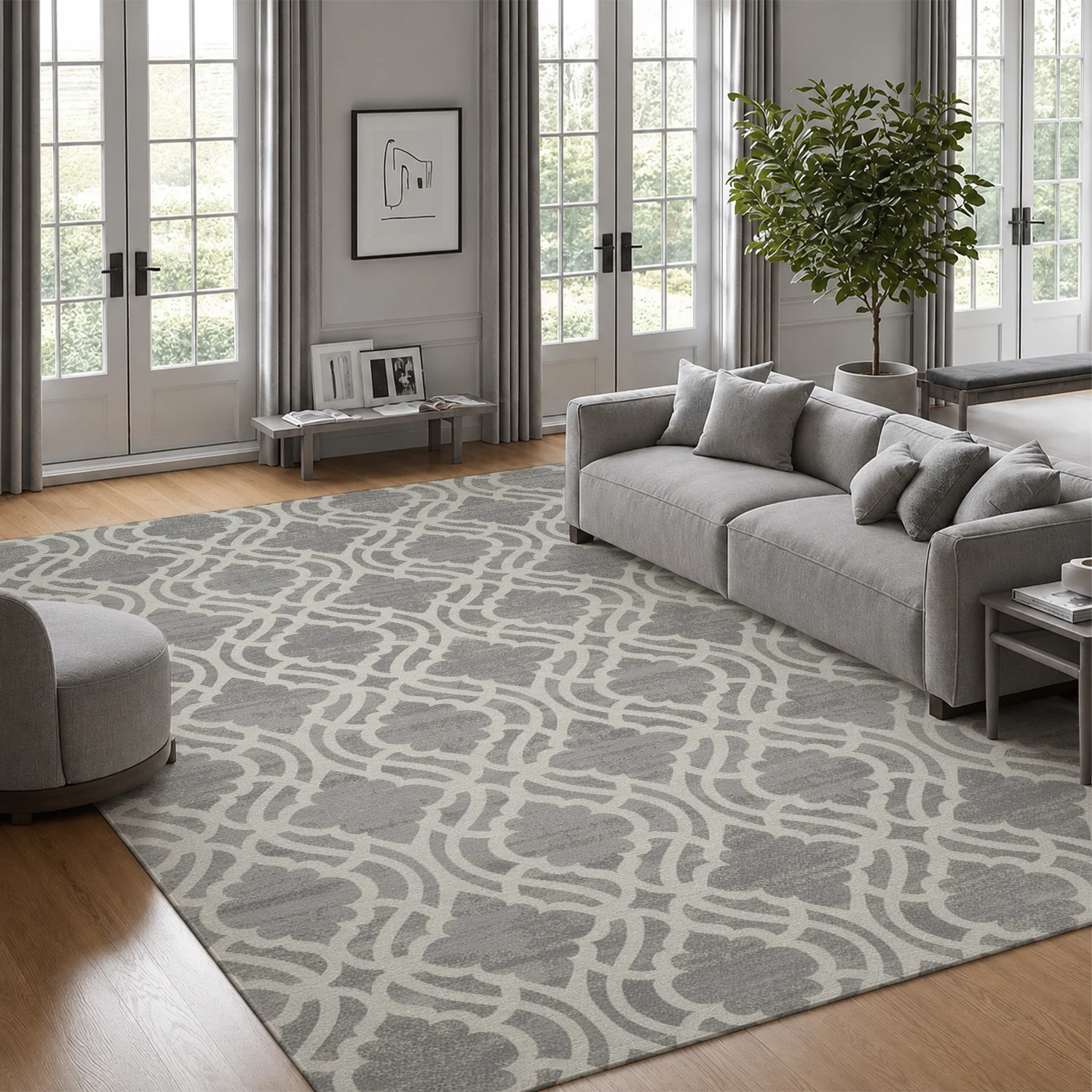 Large Indoor Area Rug, Soft Velvet Low Pile with Non-slip Dotted Backing, Machine Washable Gray White Geometric Trellis Pattern Rug for Living Room, Bedroom, Home Decor Spaces