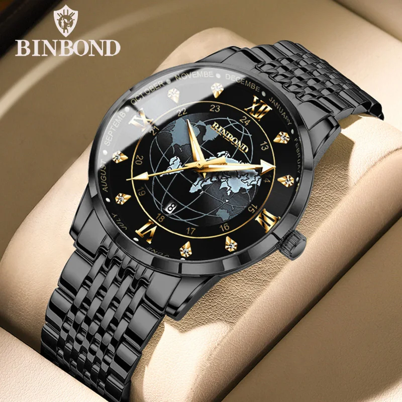 BINBOND Top Brand Men Quartz Watches Calendar Luminous Wristwatch Fashion Men Casual Stainless Steel Waterproof Male Clock B0117