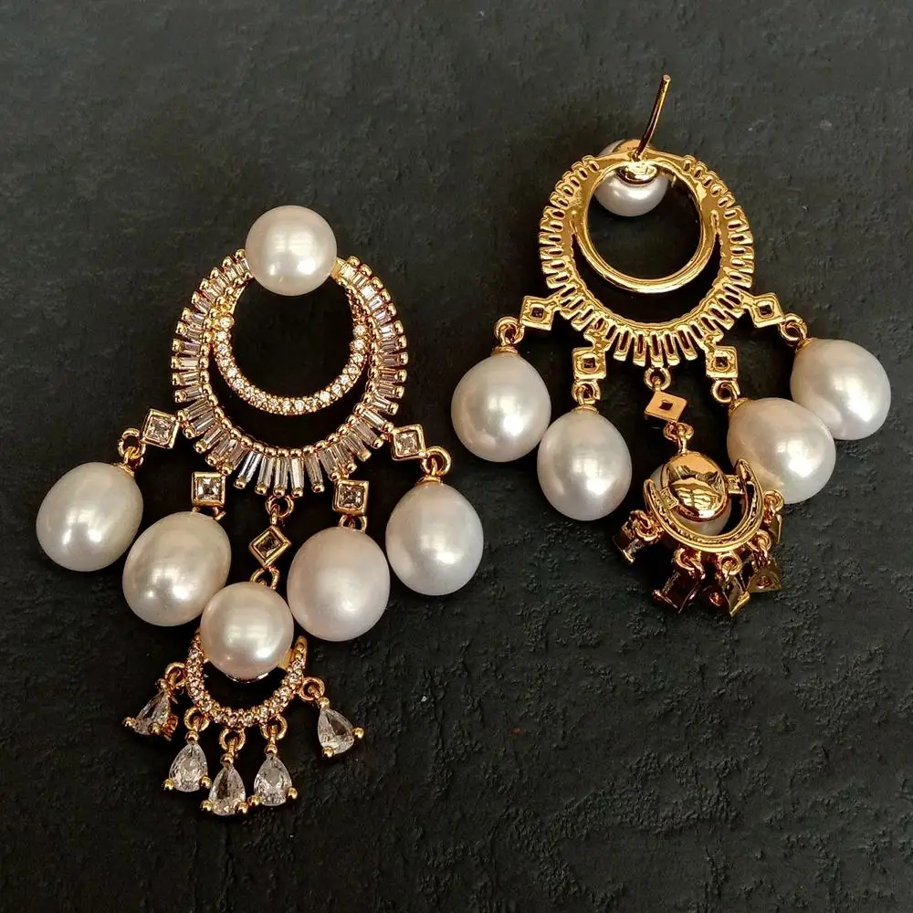 

Y·YING Freshwater White Pearl Chandelier Earrings Cz Pave Yellow Gold Plated Earring