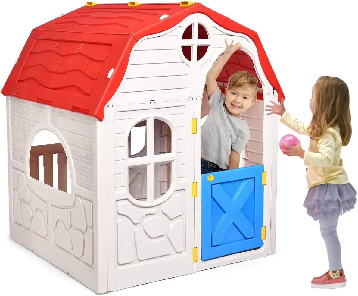 Kids Foldable Playhouse Portable Game Cottage with Windows Door Realistic Home and Garden Play House Gift for Toddler