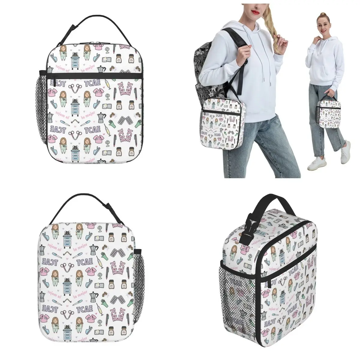 Cartoon Damen Krankens ch wester Arzt Lunchboxen niedlichen Enfermera en Apuros Lunch pakete für Krankens ch wester isolierte Lebensmittel behälter