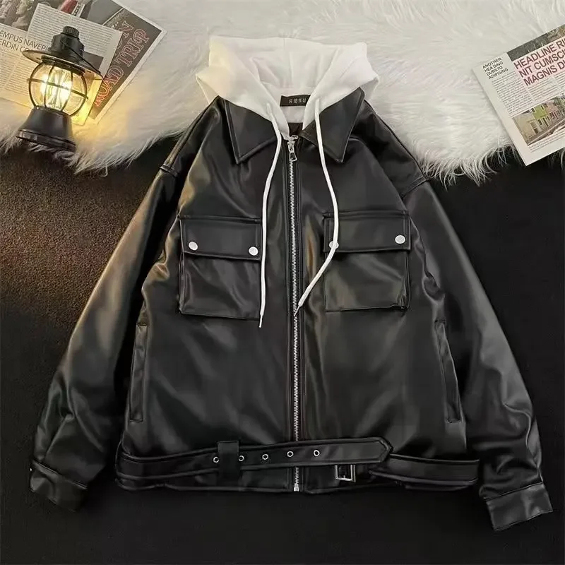 Oversized Men's Leather Jackets VIntage Hooded Jackets Faux Leather Coat Korean Style Big Pockets Windbreaker PU Biker overcoat