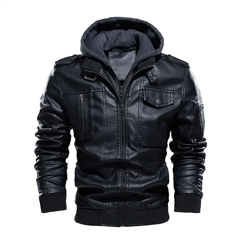 

Fashion Outwear Brand Clothing Plus Size Men's Leather Jackets Winter Fleece Thick Mens Hooded Motorcycle PU Coats Male
