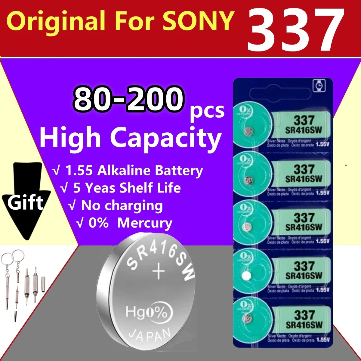 80-200 PCS Original For SONY 337 SR416SW Battery High Capacity 1.55V Button Cell Batteries for Watch