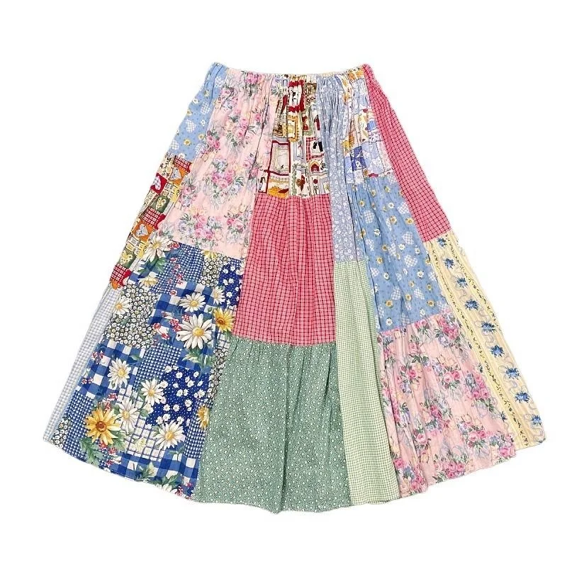 Korean Printed Colorful Half Skirt Women 2024 Spring Summer Fabric Patchwork Commuting Loose Fitting High Waist A-line Skirt New