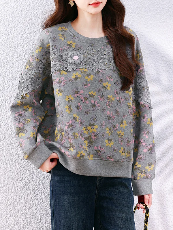 Spring New Loose Casual Lace Splicing Printed Sweatshirt Women's plus Size Fashionable Versatile Top Commute Artistic Style