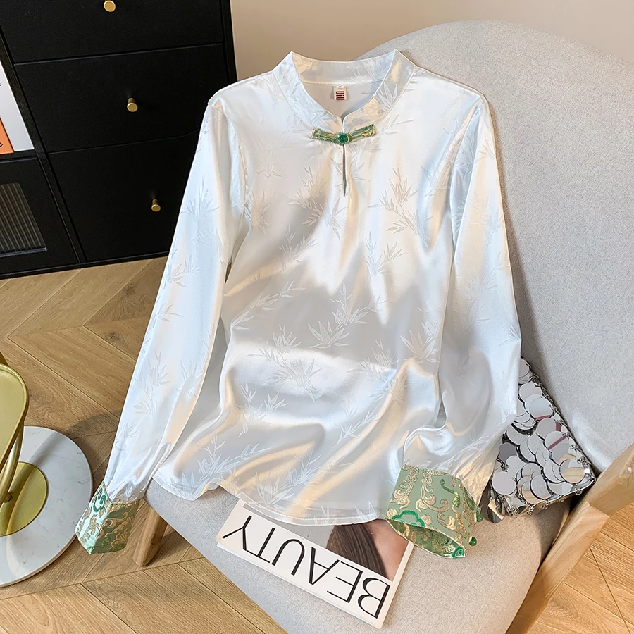 New Chinese Style Handmade Button Embroidered Satin Top Ladylike Temperament Gentle National Style Fashionable Women's Shirt