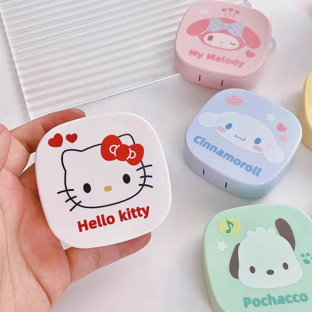 Sanrio 헬로 키티 콘택트 렌즈 케이스 만화 Cinnamoroll Kuromi Kawaii 여행 휴대용 콘택트 렌즈 보관 케이스 학생 선물