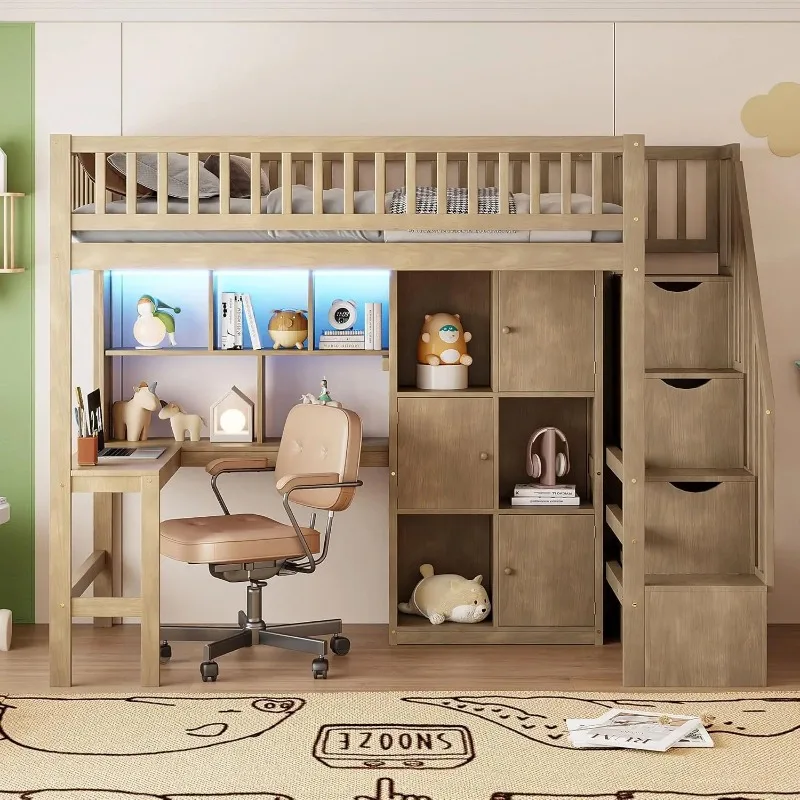 Twin Loft Bed Solid Wood L-Shaped Desk Storage Stairs LED Lights Shelves Cabinets Bookshelves Teens Adults Walnut