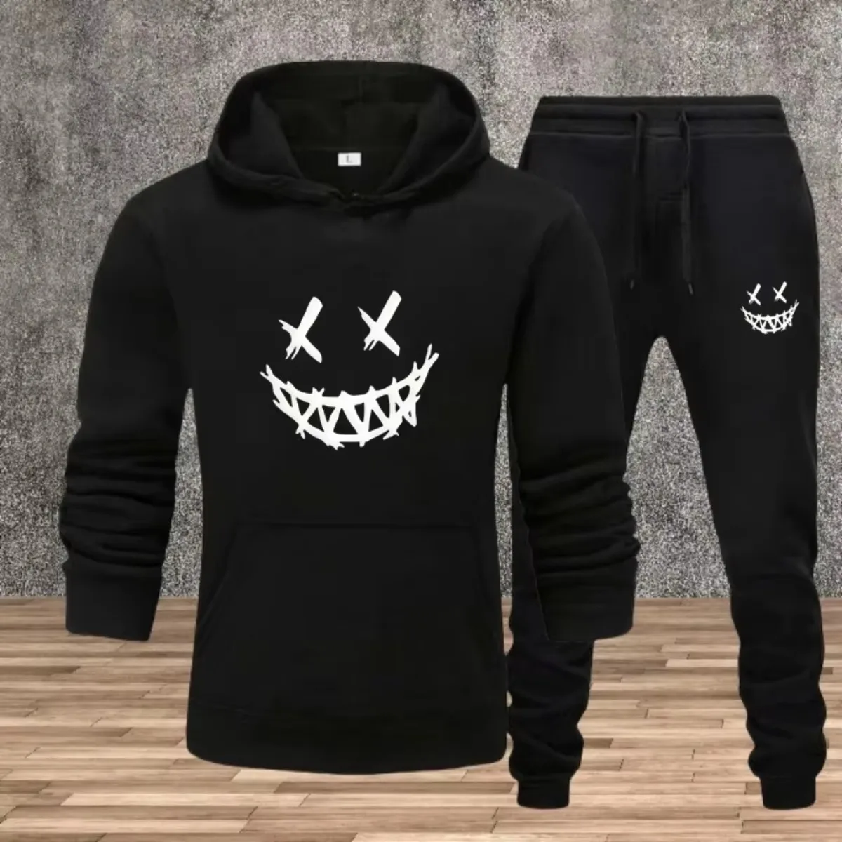 

New Men's Sportswear Set, Fashionable Sportswear, Long-sleeved Hooded Sweatshirt, Printed Drawstring Pants, Daily Two-piece Set