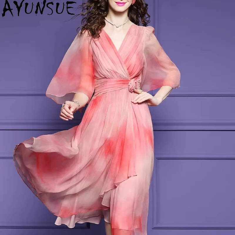 AYUNSUE High-end 100% Mulberry Silk Dress Woman Elegant Dresses for Women 2026 Summer Clothes Fashion Long Dress Платье Женское
