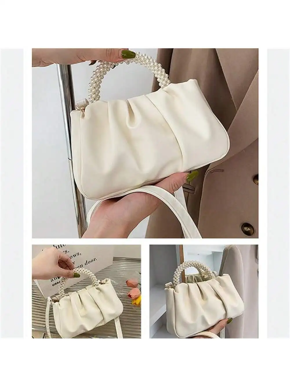 Fashion clutch bag Pearl Decoration Women\'s Bag Shoulder Small Square Bag Trend Pleated Handbag Casual Solid Color Crossbody Bag