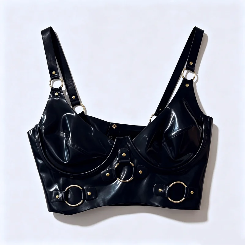 Handmade Natural Latex Bustier Top Women Black Glossy Rubber Camisole Crop Top with Metal O-Rings, Latex Corset Bra