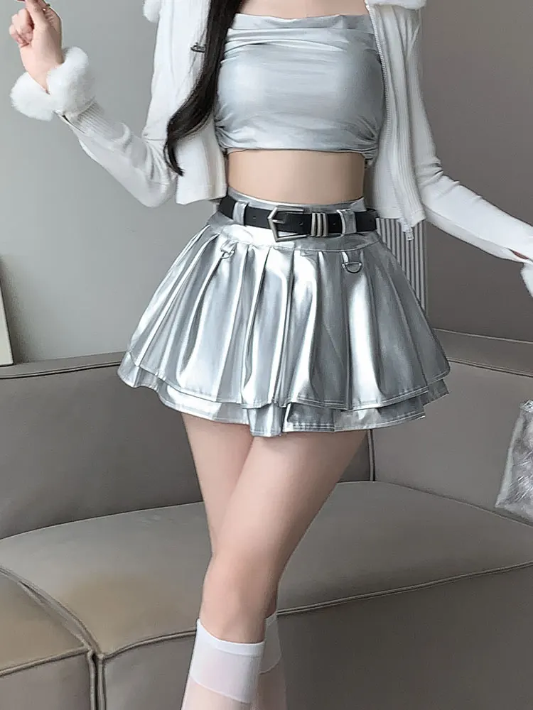 

Silver A-Line Skirt Women's Spring Anti-Light Bicolor High Waist Slimming Sexy Girl Pleated ort Skirt Commute Sle