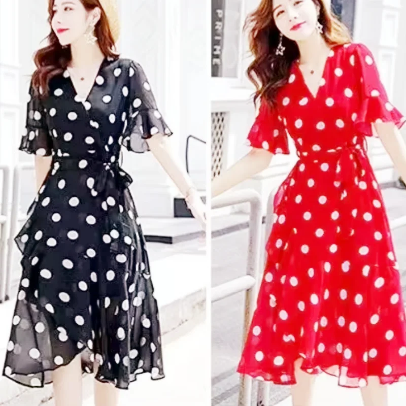 

Summer Summer New Women Midi Dress Short Sleeve Polka Sexy Casual Dot Skirt Round Dot Red Maxi Dresses