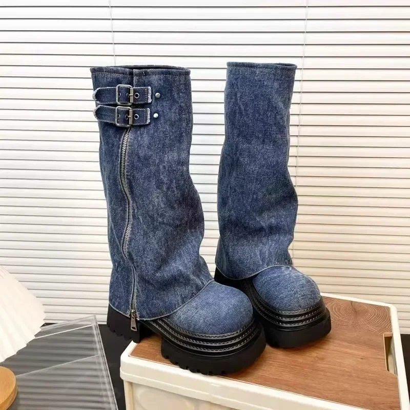 

Удобные сапоги до колена, женские модные высокие сапоги с пряжкой на ремне, однотонные зимние сапоги на среднем каблуке с круглым носком