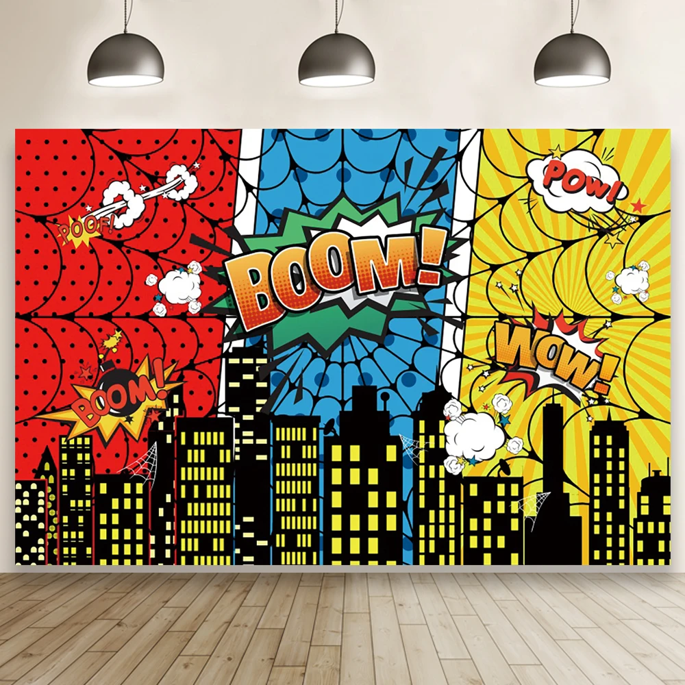 Toile de fond de fête d'anniversaire Smile Hero pour la photographie, décor de chambre d'enfants, fond de photocall de portrait, bâtiment de ville comique, dessin animé de bébé