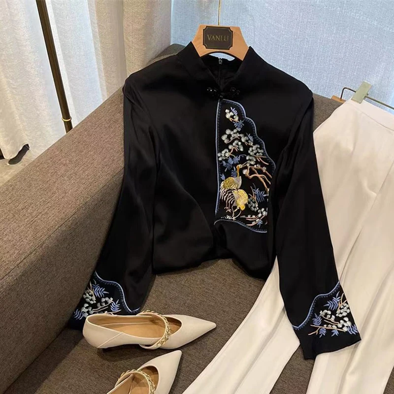 

Блузки с цветочной вышивкой, женские свободные топы с воротником-стойкой в стиле ретро, топы с длинными рукавами, китайские винтажные рубашки в этическом стиле, большие размеры