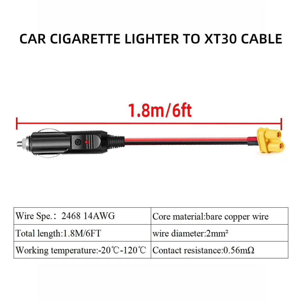 6FT XT30 Extension Cable Car Cigare Lighter Male Plug to XT30U Female Connector 14AWG XT30 Adpter Charge Cord for Solar Panel RV