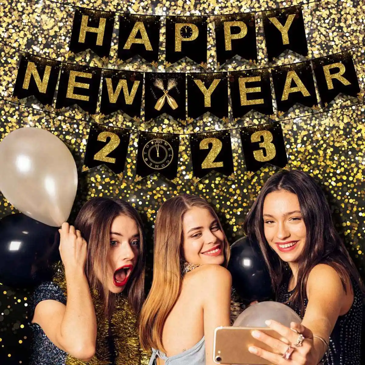 

Black Gold Happy New Year Party Background Banner Hello 2023 New Year Decoration Door Curtain Merry Christmas Xmas Supplies