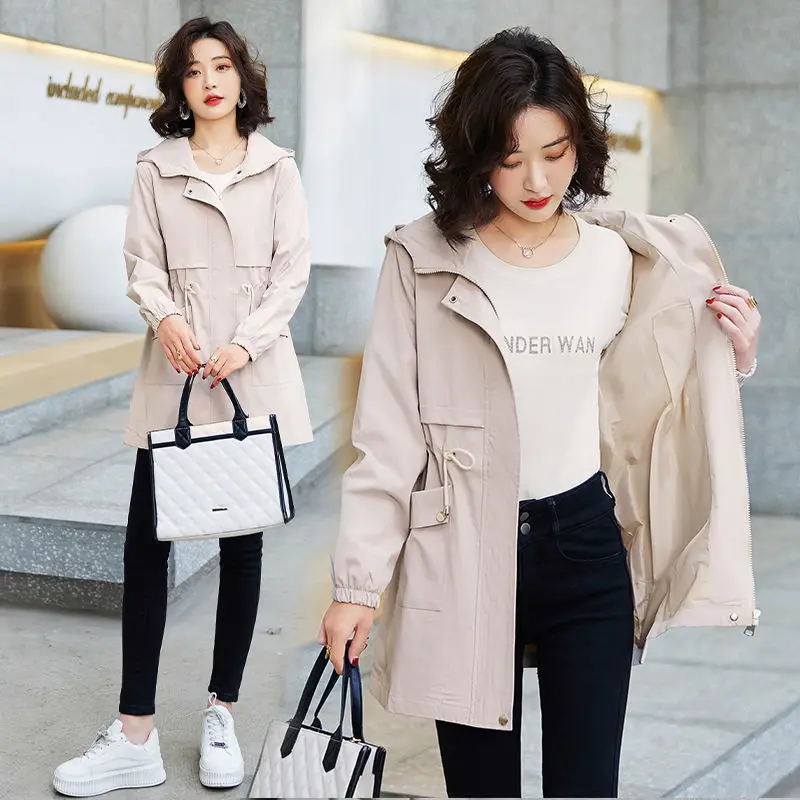 Hooded Mid-length Trench Coats Fashion Drawstring Windproof Jackets Oversized Women\'s Fashion Gabardina Spring Fall Slim Abrigos