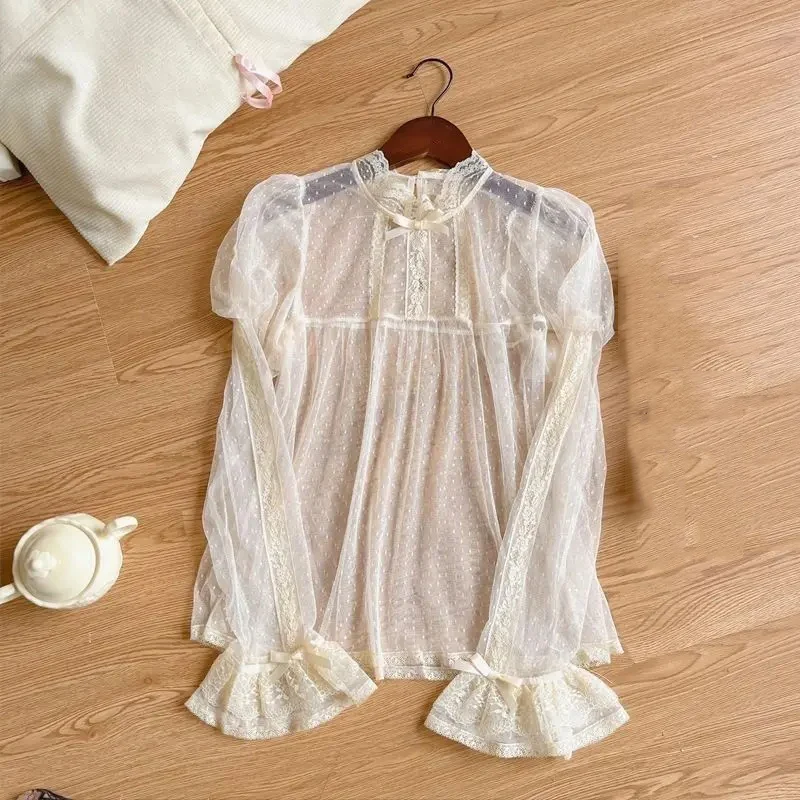 Blusa de gaze de manga comprida roupas femininas sexy coreano camisas 2025 blusas mujer de moda colheita topos ver através de blusas de verão