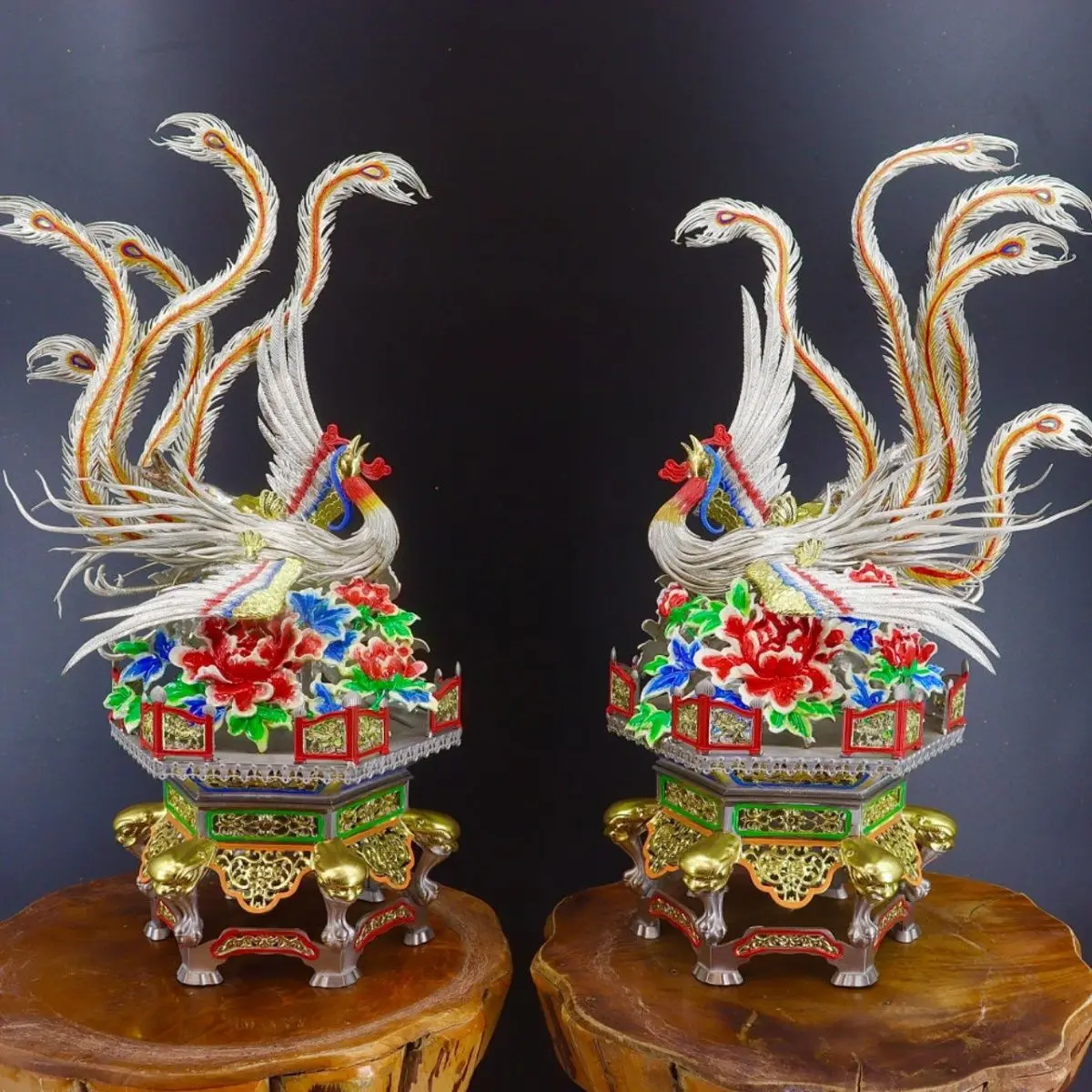 Boutique tin ware tin carving ornament Xiangfeng Phoenix peony height about 48cm