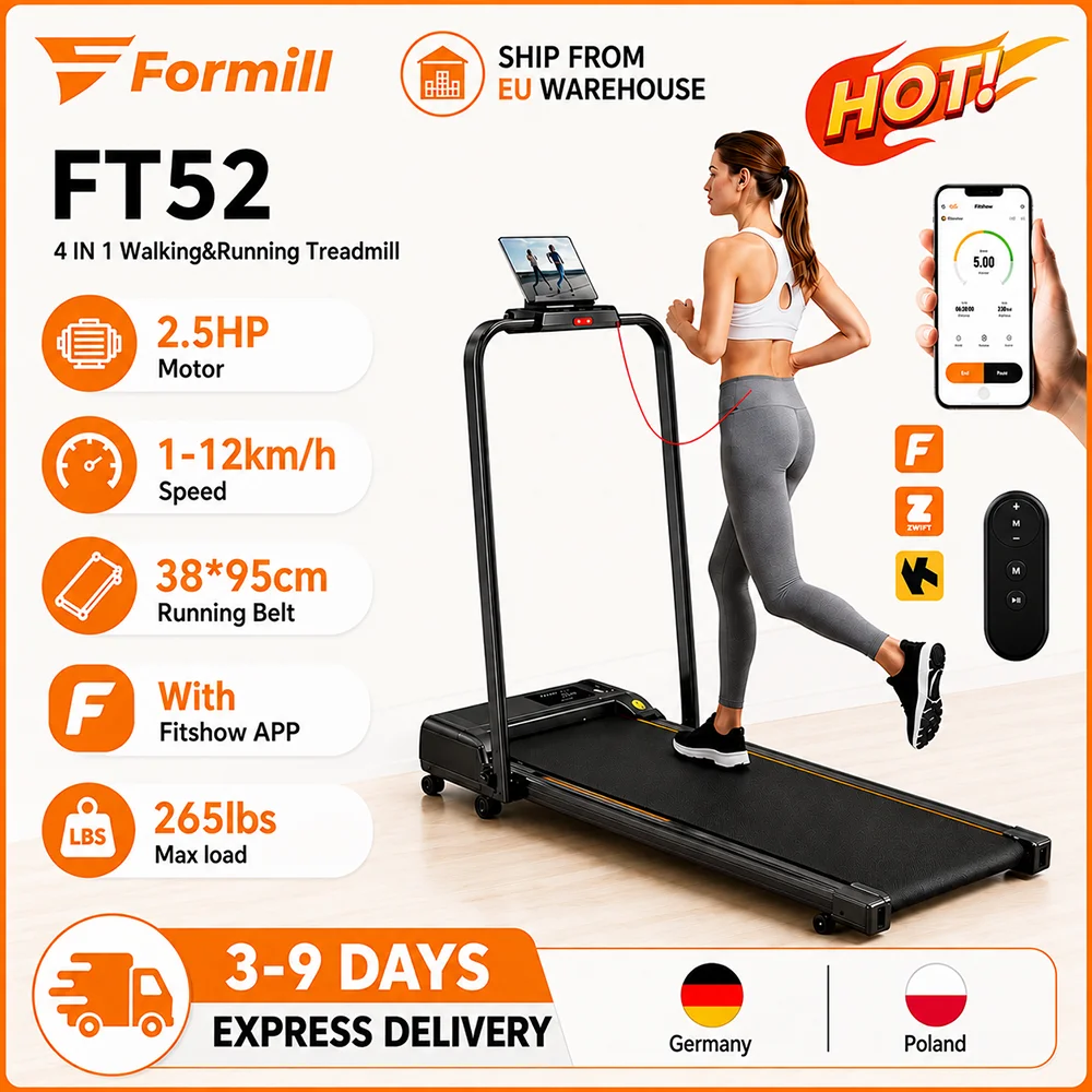 Tapis de course pliable 4-en-1 Formill FT52, moteur silencieux de 2,5 CV, vitesse de 12 km/h, inclinaison manuelle à 3 niveaux, poignée détachable rapide avec contrôle par bouton, télécommande magnétique, verrouillage de sécurité, trou d'évacuation d'huile, machine de course et de marche amortissant les chocs pour la maison et le bureau, capacité de charge de 265 livres.