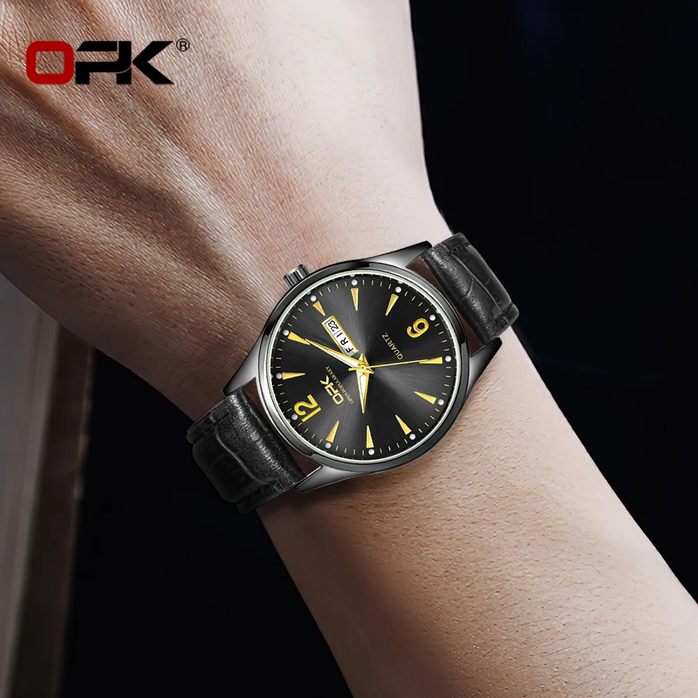 OPK brand luminous waterproof double calendar belt men's quartz watch 8138