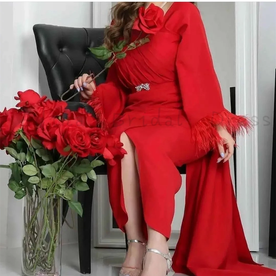 Red Chiffon Mermaid Evening Dresses with Slit Floor Length Square Collar Formal Dress with Belt Feathers Long Sleeve vestidos