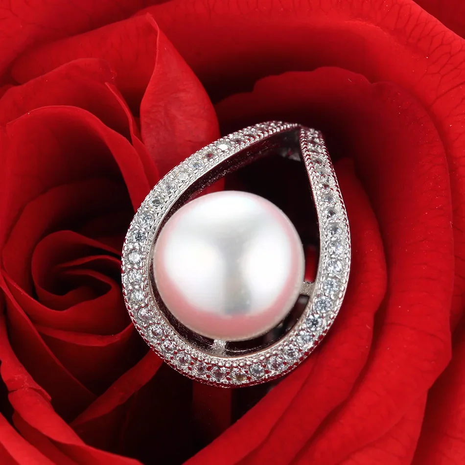 Cauuev  8-9 mm High Luster  100% Natural Freshwater Pearl  Women Engagement Rings AAA Shiny Crystal 925 Sterling Silver  Jewelry