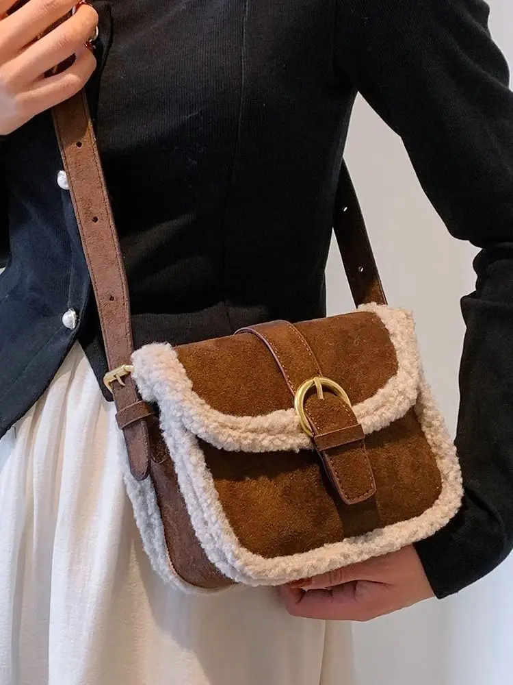 Miyagawa Plush Handbag for Women Autumn Winter 2023 New Bags Fashion Niche Retro Single Shoulder Crossbody Square Bag