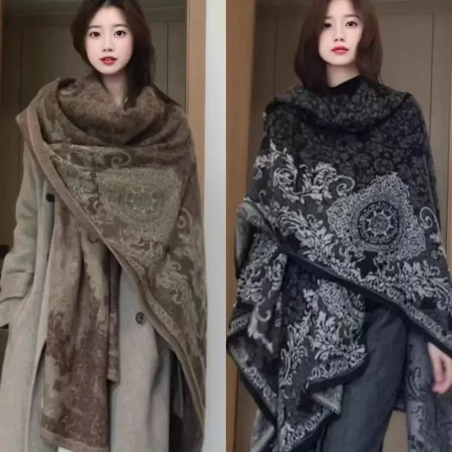 

2025 New Fashionable Autumn Winter Black Houndstooth Shawl Cape for Women Thickened Oversized Tassel Wrap Scarf Two Way Wh189
