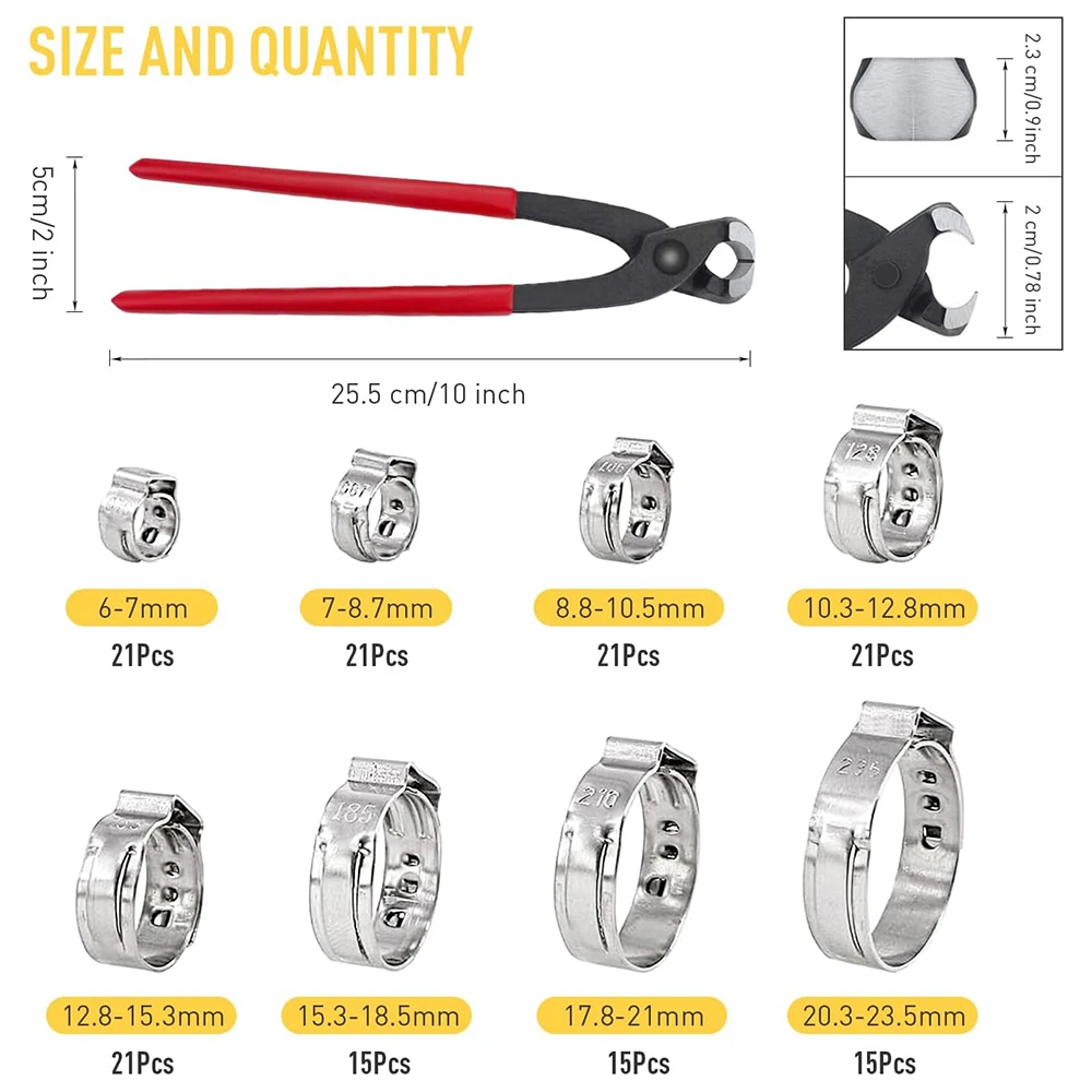 150 Stück 304 Edelstahl Einohr-Schlauchklemmen mit Zange, 6-23,5mm Crimp-Schlauchklemmen Sortiment-Set Crimp-Ringe Metallklemmen – Detail 2