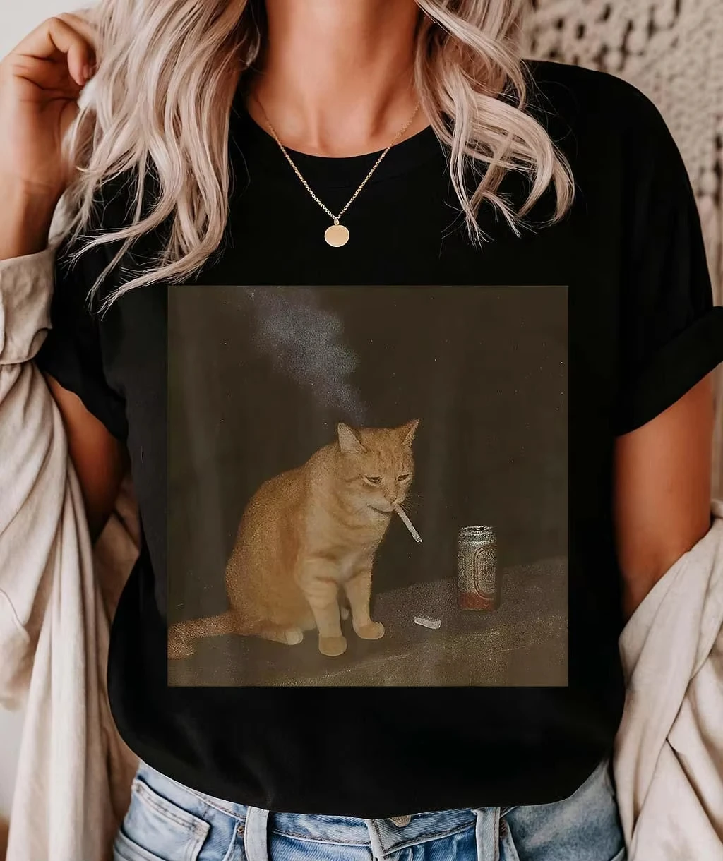 Camiseta de mujer con estampado de patron de fumar para gatos camiseta de manga corta ropa de moda de la Stadt #1