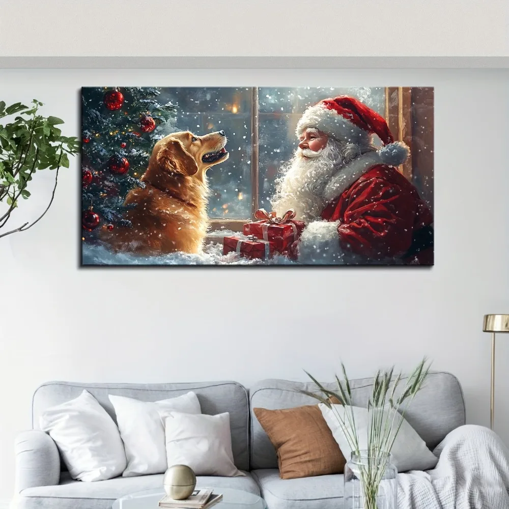 1.5 inch thick pine solid wood frame, Golden Retriever puppy Christmas art poster for family living room and bedroom,