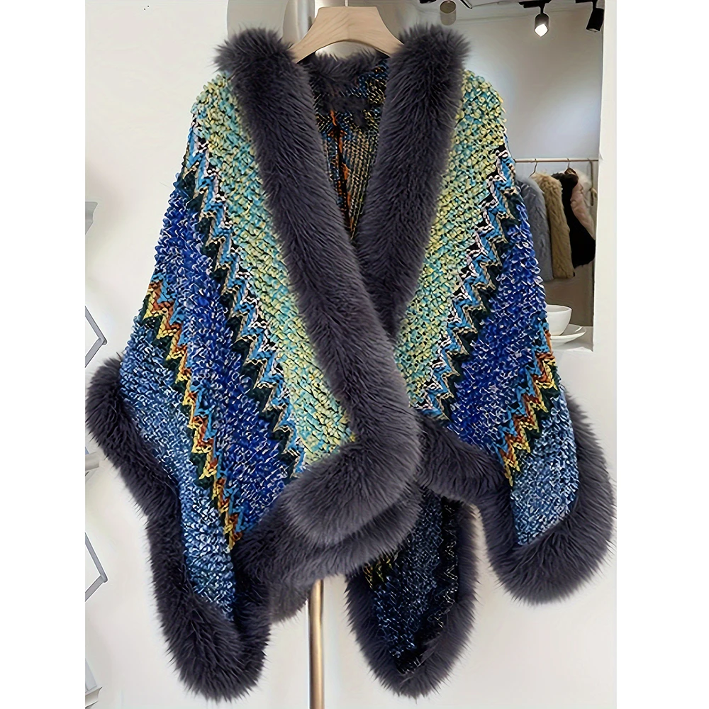 Women's Fur Coat Cape Poncho Wool Warm Fashion Striped Knitted Shawl Cloak With Fur Trim Luxury Faux Fur Poncho Cape Cardigan