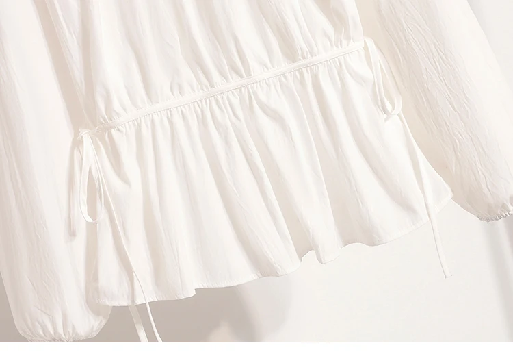 2026 Weiße Bluse mit Kordelzug-Taille, langen Ärmeln, lockerem Schnitt, verjüngendem Peplum, Babydoll-Stil, lässiges Top aus Crinkle-Stoff – Detail 14